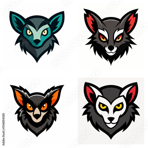 Four stylized animal heads with different color schemes and expressions in a square arrangement