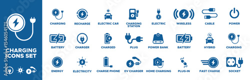 Charging icon set. charge, battery, energy, electricity, charger, recharge, electric car, charged, charge phone, ev charger, plug, charging station icons. Solid icon collection. Vector illustration.
