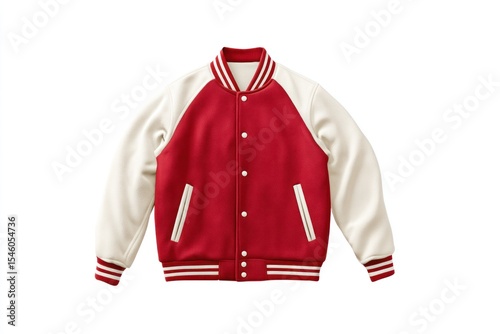 Classic Red and White Varsity Jacket with Striped Collar and Cuffs, Stylish Retro Athletic Wear for Fashion and Sports Enthusiasts
