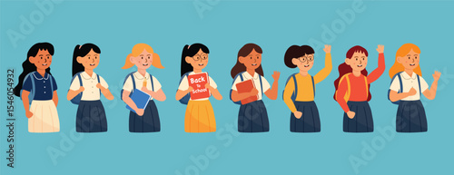 Seven schoolgirls in uniform smiling with books and backpacks