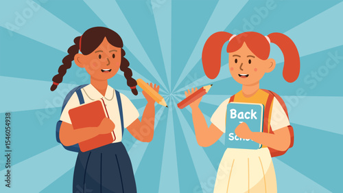 Two young schoolgirls holding books and pencils with bright expressions