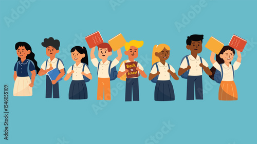 Eight diverse students smiling and holding colorful school materials