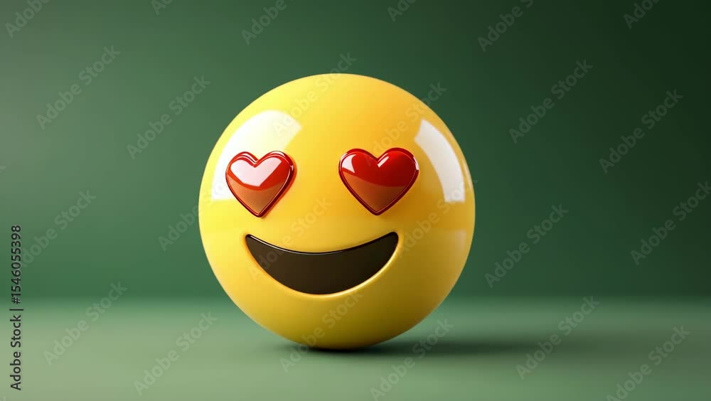 Smiling emoticon with hearts for eyes on green background