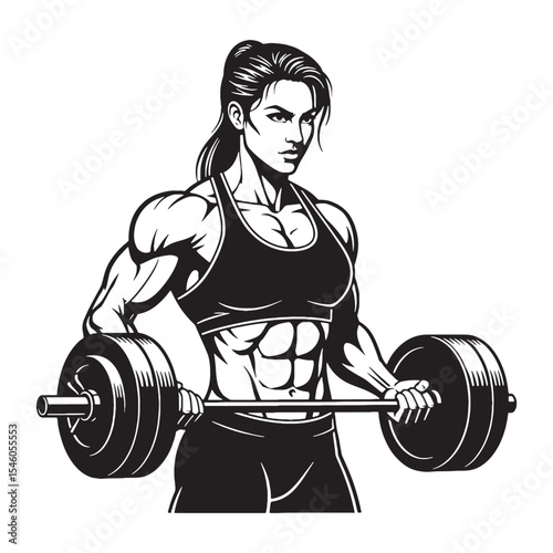 Strong lady lifting weights showcasing robust effort and muscular engagement - lady lifting weights silhouette - lady lifting weights Vector - Silhouette of lady lifting weights
