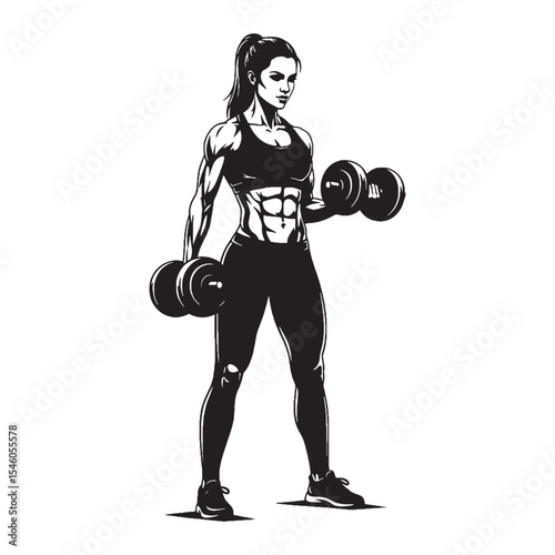 Dynamic woman lifting weights with powerful exertion and focused intensity - woman lifting weights silhouette - woman lifting weights Vector - Silhouette of woman lifting weights
