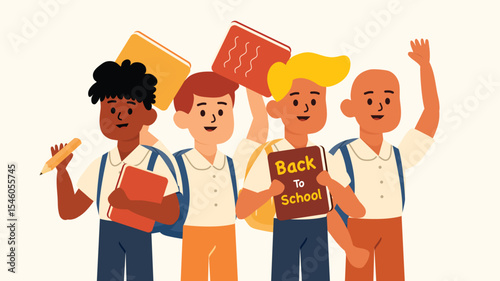 Three happy boys holding books and raising hands with joyful expressions