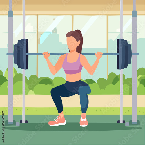 Woman doing squats using barbell in gym, cartoon vector illustration
