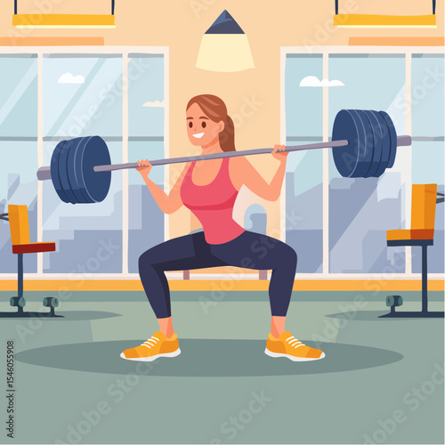 Woman doing squats using barbell in gym, cartoon vector illustration