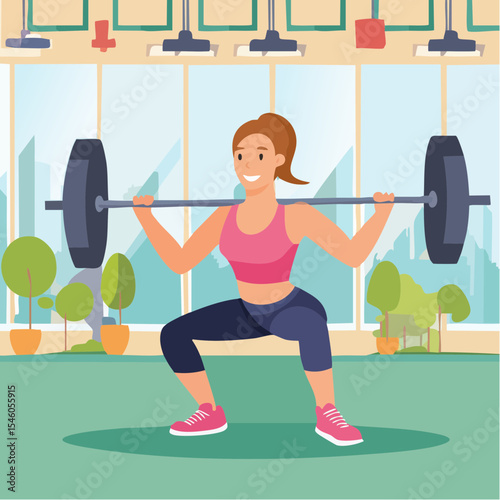 Woman doing squats using barbell in gym, cartoon vector illustration
