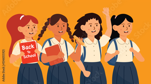 Four schoolgirls standing in uniform smiling and waving confidently