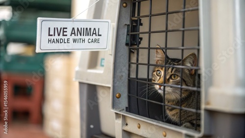 A tabby cat looks out from a pet carrier labeled 