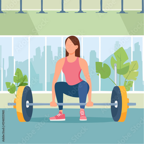 Woman doing squats using barbell in gym, cartoon vector illustration