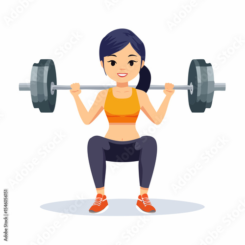 Woman doing squats using barbell in gym, cartoon vector illustration