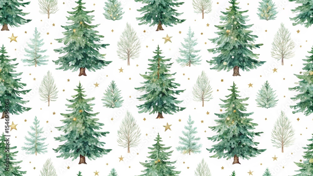 Fototapeta premium Watercolor Christmas Trees and Stars Seamless Pattern on White Background for Festive Holiday Designs