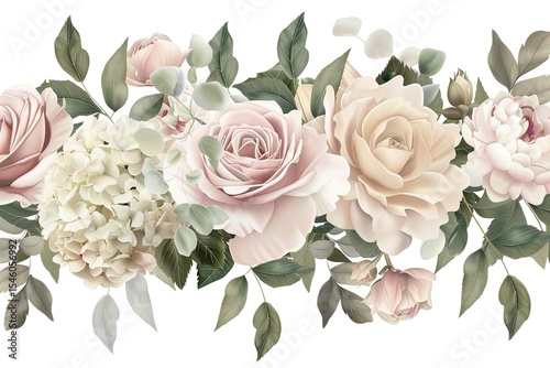 Dusty Pink and Cream Rose, Peony, Hydrangea Flower, Tropical Leaves Vector Garland