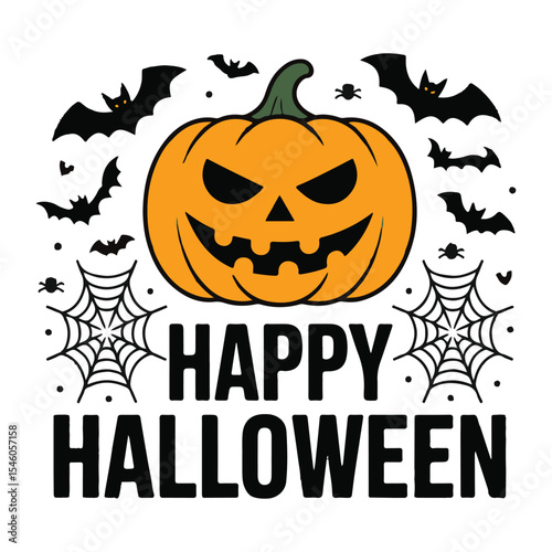 Happy Halloween Spooky Jack-o'-lantern with Bats and Spiderwebs Sticker Design

