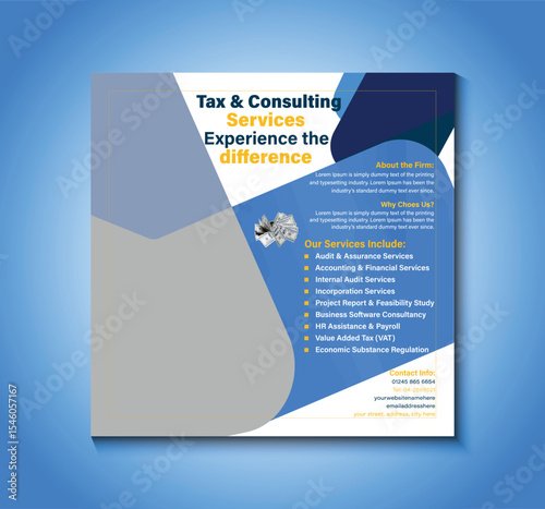 Modern and professional social media post template for tax and consulting services. Ideal for promoting expert financial advice, tax planning, and business consulting across digital platforms.