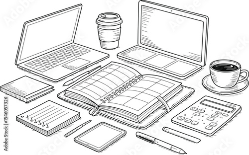 Hand drawn office desktop setup with laptops planner coffee calculator and supplies