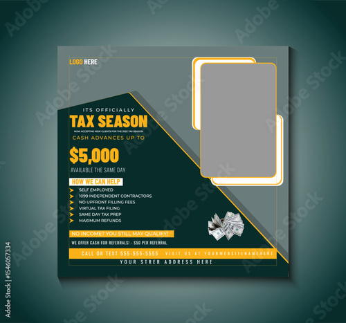 Eye-catching social media post template designed for tax season promotions. Ideal for accountants and agencies to highlight filing deadlines, refund services, and expert financial support online.