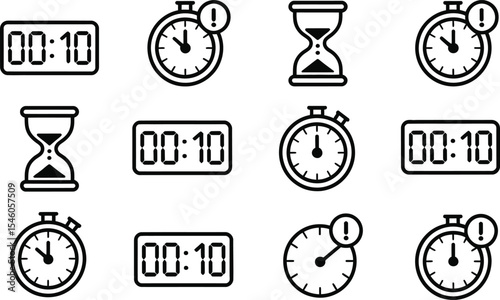 Collection of time icons featuring clocks hourglasses timers digital displays and alert symbols