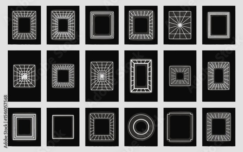 Abstract geometric frame designs on a black background in various dimensional perspectives and styles