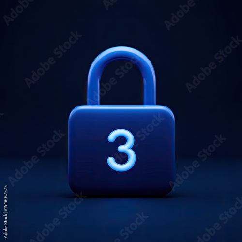 Glowing blue padlock with a number three on a dark background