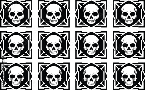 Seamless pattern featuring repeated stylized skull designs in a monochrome geometric arrangement