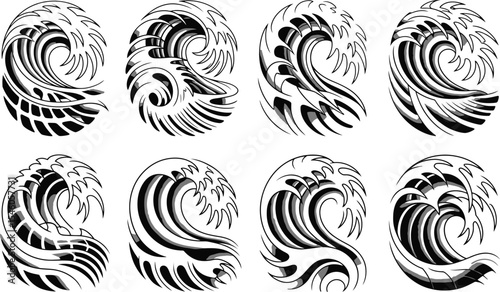 Collection of stylized wave vector illustrations in black and white for graphic design projects