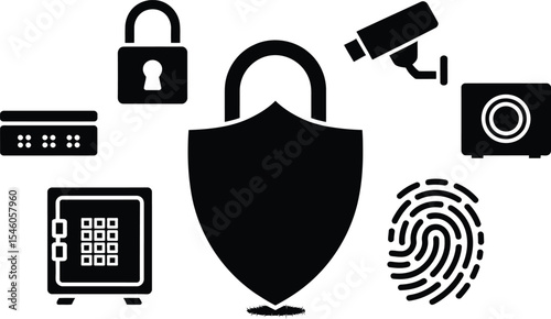 Security and protection icons depicting safety measures and secure digital and physical access solutions
