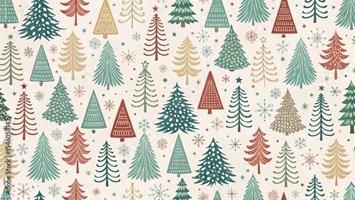 Festive Christmas Tree Pattern with Snowflakes and Stars on a Beige Background