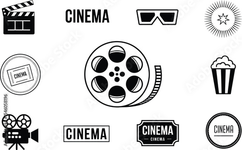 Collection of iconic cinema symbols and elements representing film and movie industry