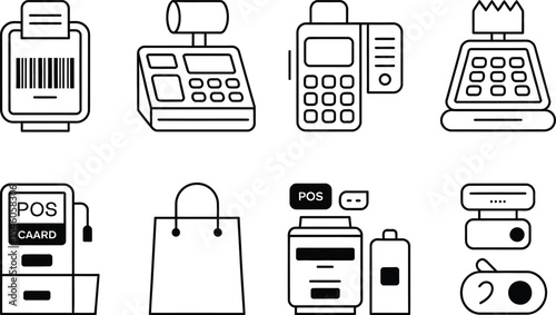 Collection of point of sale pos system icons in modern outline black and white style