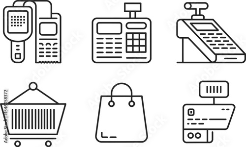 Simple black and white outline illustrations of retail shopping elements for business use