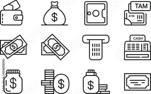 Financial icons in minimalist line style representing banking transactions and currency elements