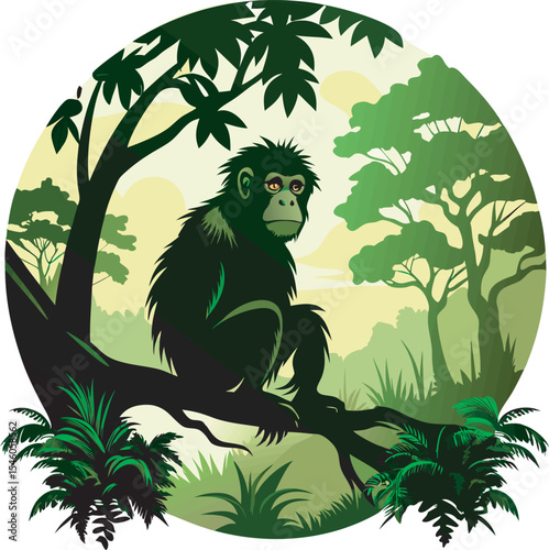 A playful set of stylized chimpanzee illustrations in expressive poses, showcasing curiosity, agility, and personality