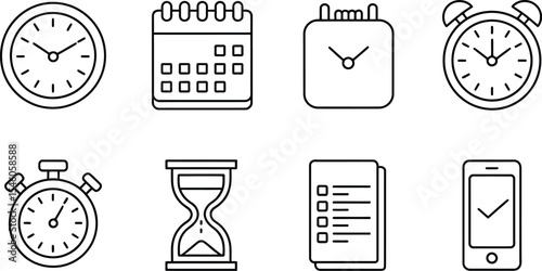 Simple black and white icon set displaying time management organization and scheduling concepts