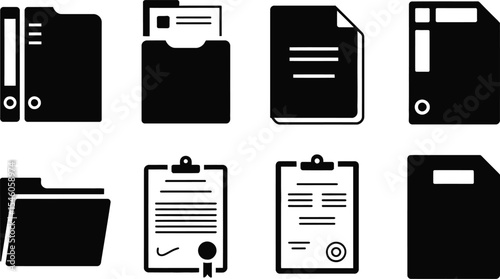 Black and white minimalist icons of office documents, files, and folders for business design