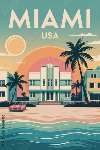 Vintage Travel Poster of Art Deco Beachfront and Skyline, Miami, USA


