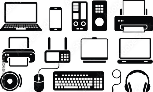 Black and white icons of modern technology devices for business and communication