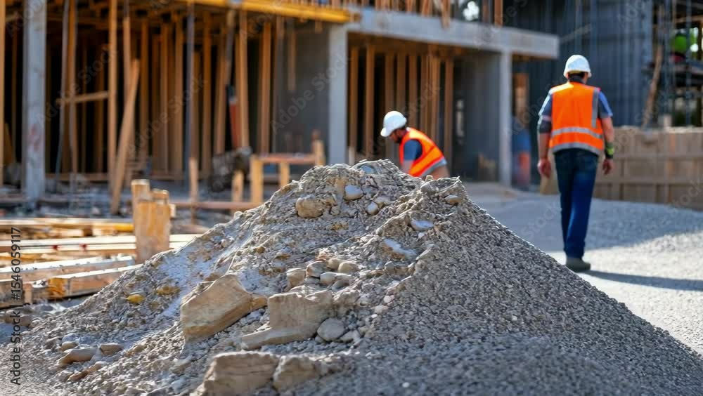 Construction workers and pile of aggregate at a building site