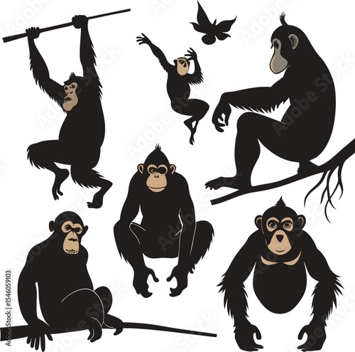 A playful set of stylized chimpanzee illustrations in expressive poses, showcasing curiosity, agility, and personality