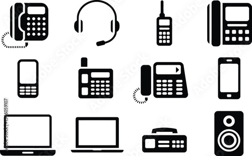 Black icons representing various communication devices including telephones and laptops