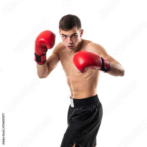 portrait of a boxer. young boxer with boxing gloves. Young pro boxer doing uppercut punch isolated on white background.