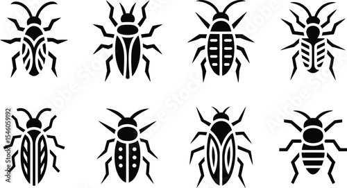 Vector illustration of various insect silhouette icons in black and white designs for conceptual use.