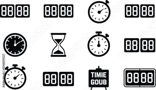 Collection of black and white time measurement icons including clocks stopwatches and digital displays.