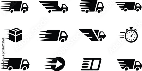 Vector icons collection illustrating fast delivery transportation and swift package shipping concepts