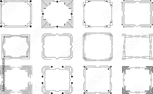 Collection of twelve elegant geometric frame designs with decorative corner elements in black and white