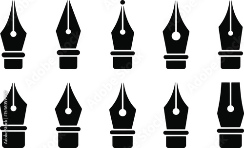 Various stylized black and white fountain pen nib designs for writing and creative inspiration