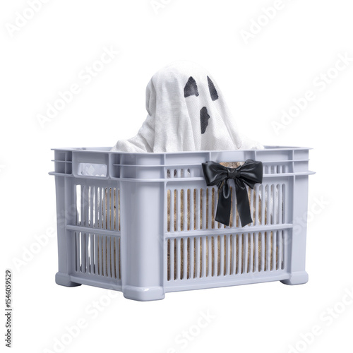 Halloween ghost decoration in a plastic basket with fun and spooky atmosphere