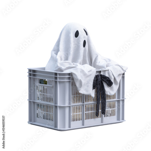 Ghostly halloween spirit in a basket quirky decor indoor setting creative viewpoint